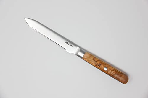 Ryori 5 Inch Serrated Utility Knife | German High Carbon Stainless Steel Blade Kitchen Knife | Ergonomic Olive Wood Handle Slicing Knife For Home Or Professional Use #TOP5