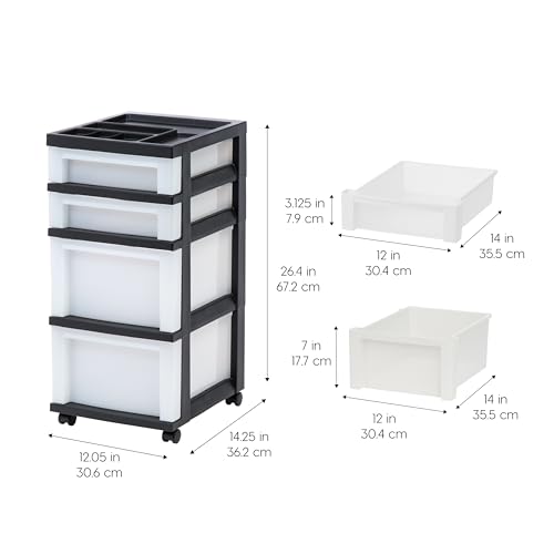 IRIS USA Plastic Drawer Storage Organizer Rolling Cart, with Wheels Casters, 4-Drawers, for Classroom Art Craft Supplies Dresser Closet Bathroom Laundry Room, Black/Pearl