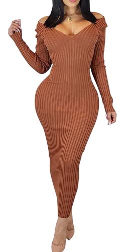 Cinyifaan Womens Casual Sexy Solid Off The Shoulder Knit Sweater Bodycon Midi Pencil Dress Brown #TOP29