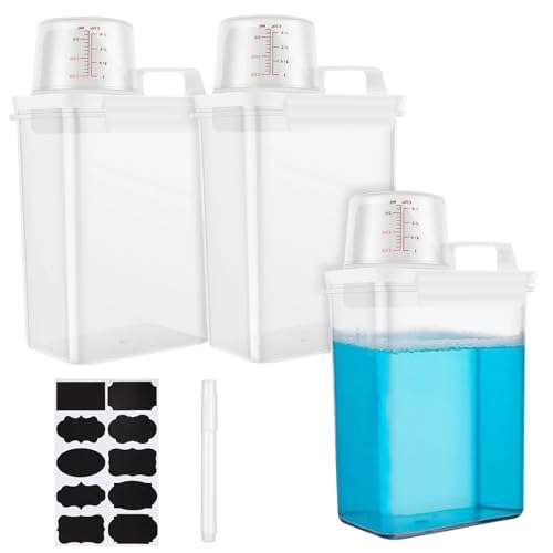3 Stück Luftdichter Waschmittelspender, 1800ML Waschmittel Aufbewahrungsbox mit Messbecher Und 8 Aufkleber, 1 Markierstift, Multifunktions Behälter für Waschpulver, Waschmittel, Getreide, Reis