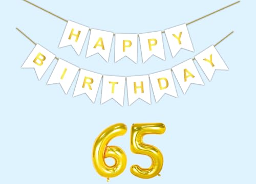 Image of 65th Happy Birthday Decoration Kit White for 65 year Old Men Women with Number Sixty-five Party Decorations Decor Celebration Items Item Set Combo Reusable Paper Banner