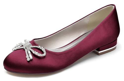 Minishion Ladies Wedding Flats Round Toe Slip on Evening Party Pumps Shoes with Rhinestone Knot BR204