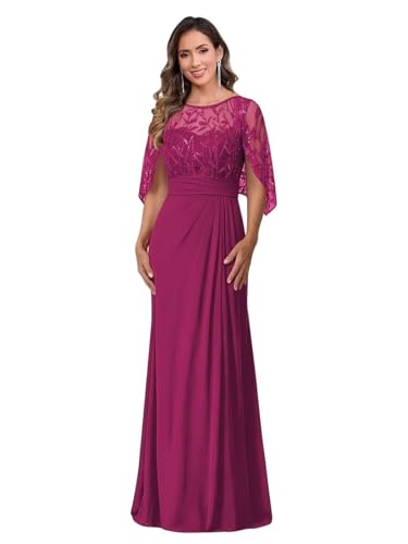 Image of Mother of The Bride Dresses - Long Chiffon Lace Appliques Cape Sleeve Ruched Waist Formal Evening Gown for Women