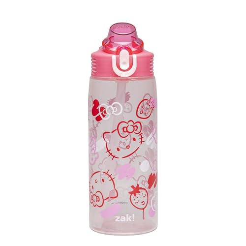Zak Designs Sanrio Sage Water Bottle For School or Travel 25oz Durable Plastic Water Bottle With Straw Handle and Leak-Proof Pop-Up Spout Cover (Hello Kitty)