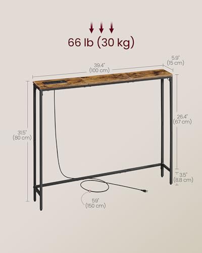 Image of VASAGLE 39.4 inch Console Table, Narrow Behind Couch Table with Outlet | Sofa Table with 1 Hook, for Entryway, Living Room, Easy Assembly, Rustic Brown and Ink Black, BARNET Collection ULNT079K01