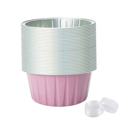 50 vasos de aluminio, vasos para hornear de 125 ml/5, 0 oz, forros de aluminio para magdalenas con 50 tapas, mini moldes de crema de para hornear, 2, 5 x 1, 3