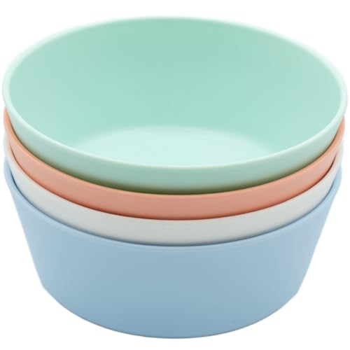WeeSprout Bamboo Kids Bowls Set of Four 10 oz Kid-Sized Bamboo Bowls Dishwasher Safe Kid Bowls (Pastel Coral Blue Mint & Off White)