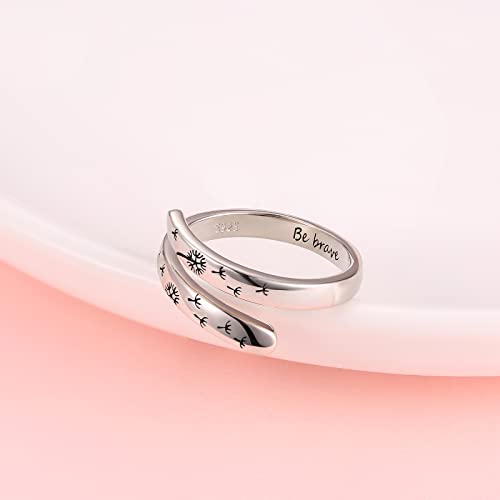 925-Sterling-Silver Adjustable Dandelion Rings for Women - Engraved Be Brave and Dancing Dandelion,White Gold Plated,Encouragement Christmas Jewelry Gifts