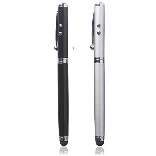 Stylus Pen [2 Pcs], Multi-Function Universal Touch Screen Stylus + Ballpoint Pen + LED Flashlight For Smartphone/Tablets iPad iPhone Samsung etc [Black + Silver] + 2 Extra Battery