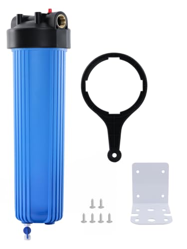 Purcooflow 20 x 4.5 Whole House Water Filter Housing with Bottom Drain Port - 1 NPT Brass Ports BPA-Free Blue Sump Double O-Ring Leak-Proof - Fits All Standard 20x4.5 Filters