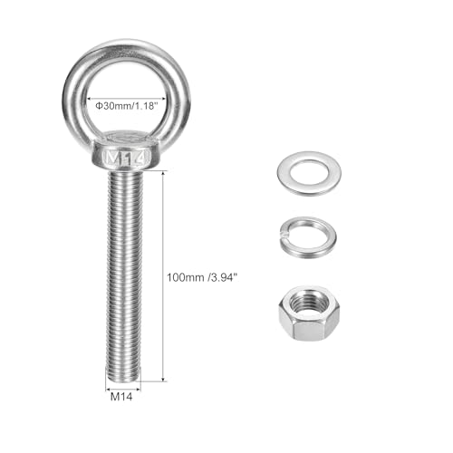 Image of uxcell Lifting Eye Bolt, 4 Sets M14 x 100mm Eye Bolt with Nut Washer 304 Stainless Steel Shoulder Lifting Ring Eye Bolt for Hanging Item