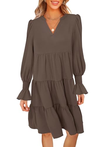 MEROKEETY Women's 2025 Long Sleeve Midi Dress V Neck Flowy Swing Ruffle Tiered Fall Casual Dresses