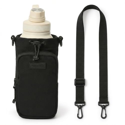 Bolsa Porta Garrafa Térmica Transversal com Alça Ajustável e Bolso, Capa para Squeeze, Nylon Resistente, Preto, para Academia, Escola e Viagens