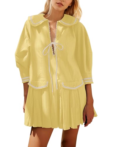 Image of Women Cute Bow Tie Up Open Front Mini Dress Lapel Contrast Binding 3 /4 Sleeve Mini Dress Pleated A line Dresses Yellow