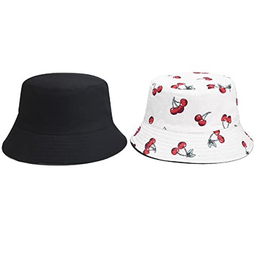 Sycore Summer White Cute Cherry Travel Bucket Hats For Women Teens Girls, Fruit Print Packable Reversible Beach Sun Protection Bucket Hat (White Black Cherry Z) #TOP2