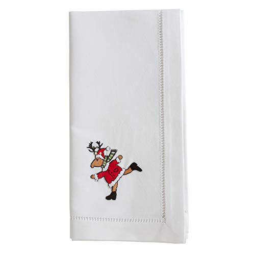 Handmade Running Reindeer Embroidery Napkin with Hemstitched Border (Set of 6)