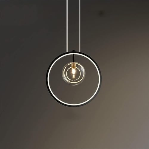 Lampe suspendue cercle noir et verre pour chevet et repas