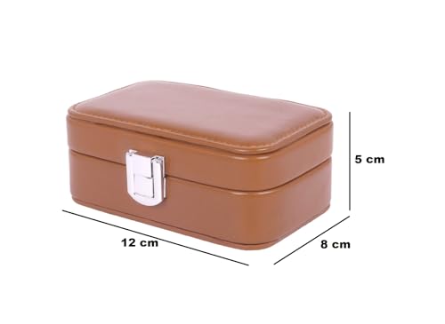 Image of BucketList PU Leather Jewellery Organizer Box with Ring Slots & Necklace Hooks | Compact Jewelry Storage Case with Secure Lock (Travel Jewellery Box Rectangular (Caramel))
