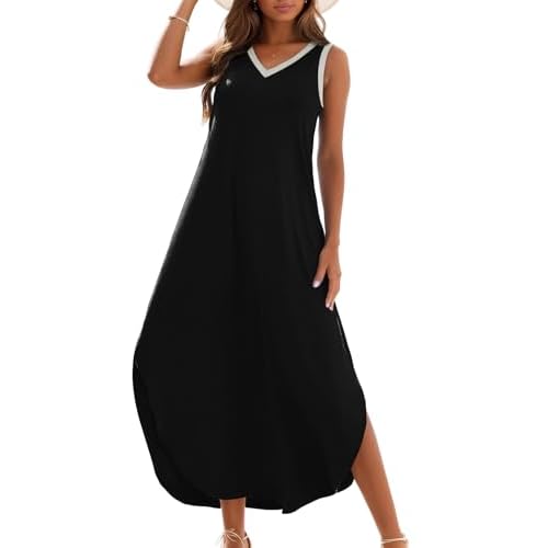 Zilcremo Women's Summer Casual Loose Sundress Long Dress Sleeveless V Neck Split Tshirt Maxi Dresses Small Blackgrey