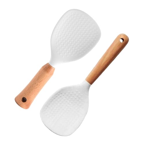 SOLUSTRE 2Pcs Silicone Rice Paddle Heat Resistant Rice Serving Spoon with Wooden Handle Non Stick Rice Scoop for Easy Serving and Cooking for Rice Cookers and Home Use
