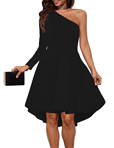 Sarin Mathews Womens One Shoulder Long Sleeve Dress Elegant A Line High Low Hem Skater Cocktail Party Wedding Guest Dresses Black L #TOP10