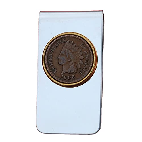 US 1908 Indian Head Small Cent Coin Silver Plated Stainless Steel Two Tone Money Clip NEW - Lucky Penny