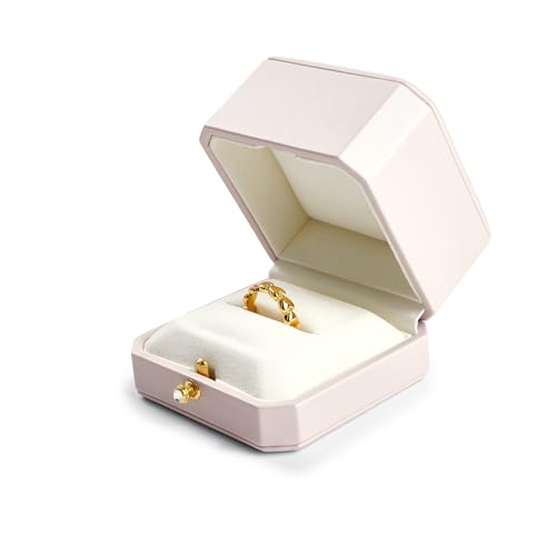 Leather Ring Box Jewelry Gift Box Mirofiber Interior Wedding Ring Case for Birthday, Proposal, Engagement, Wedding, Valentine's Day (Pink)