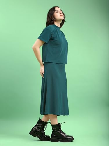 Image of PURVAJA Women's Short Sleeve Top with Skirt Solid Co-ords Set