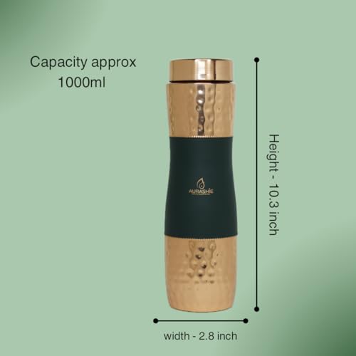 Image of Pure Copper Water Bottle 1 Litre | BPA Free & Leak Proof | Copper-Infused Water | Durable & Rust Proof | Ayurveda Health Benefits - Hammered Finish (Green Grip Sleeve)