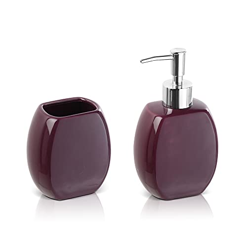 Inbagno Set Accessori Bagno 2 Pezzi in Ceramica, Kit Accessori da appoggio, Include Dispenser Sapone e portaspazzolini (Viola)