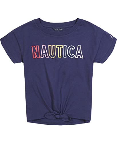 Nautica Girls' Short Sleeve Graphic Logo T-Shirt, Everyday Casual Wear, Soft & Comfortable Fit, Peacoat Tie-Front, 5