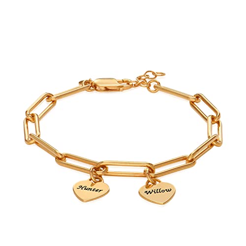 Myka - Personalized Chain Link Bracelet With Custom Tags Or Hearts Charms/Up To 6 Charms - Engrave Any Name/Jewelry For Women/Gift For Mother's Day (18K Gold Vermeil With Heart Tags) #TOP3