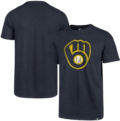 47 Brand MLB Men's Team Color Distressed Imprint Primary Logo Short Sleeve Baseball T-Shirt - Milwaukee Brewers - Navy - Large