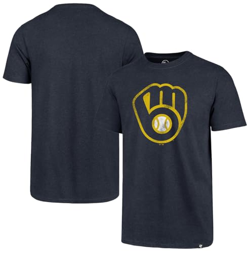 47 Brand MLB Men's Team Color Distressed Imprint Primary Logo Short Sleeve Baseball T-Shirt - Milwaukee Brewers - Navy - Large