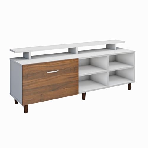 Image of VIKI Modern TV Unit for Living Room | Engineered Wood TV Cabinet with 1 Drawer Storage, 2 Open Shelves & Extension, Entertainment Unit, 140W x 48H x 40D cm | DIY | 1 Year Warranty (White & Walnut)