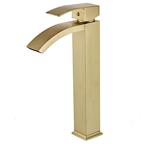 Wovier Matte Gold Waterfall Bathroom Sink Faucet with Supply Hose,Single Handle Single Hole Vessel Lavatory Faucet,Basin Mixer Tap Tall Body Commercial