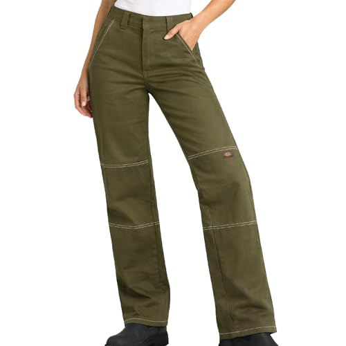 Dickies Womens Work Pants High Waisted Relaxed Double Knee Contrast Stitch Size 14 RG Military Green