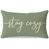 PANDICORN Stay Cozy Sage Green Pillow Cover 12x20 Inch, Lumbar Decorative Cushion Case for Sofa Couch or Bed, Rustic Farmhouse Home Decor for Living Room or Entryway Bench