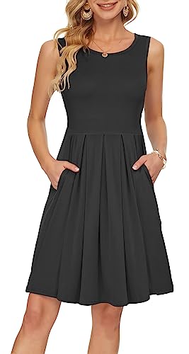 AUSELILY Women's Sleeveless Dresses for Women 2025 Pleated Loose Swing Knee Length Dress with Pockets