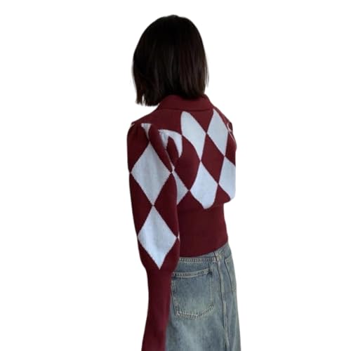Women's Short French Vintage Argyle Color Block Waist Cinched Collared Knit Cardigan - Red/Black, S-XL4