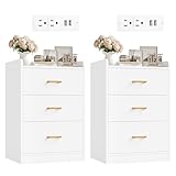FOTOSOK Nightstands Set of 2 with Charging Station, 3 Drawer Nightstand with Gold Handles, White Nightstand for Bedroom, Modern Design End Side Table for Home, Office