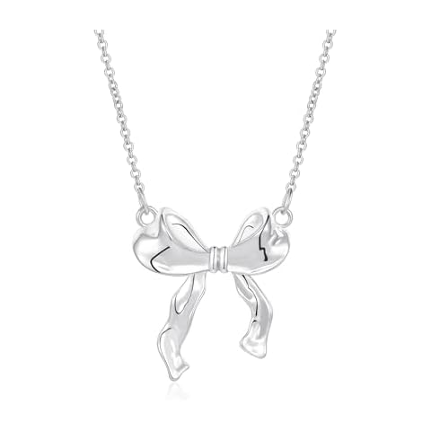 VULETO Silver Bow Necklace for Women Bowknot Dainty Bow Ribbon Pendant Chain Jewelry Gifts Silver Cover