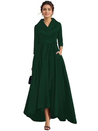 A-line Formal Mother of The Bride Dress Elegant Wedding Guest Dress Satin V-Neck Collared Asymmetrical Bow 2024