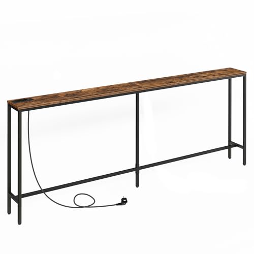MAHANCRIS Konsolentisch mit Ladestation, 200 cm schmaler Sofatisch, industrieller Eingangstisch mit USB-Anschlüssen, Sofa-Beistelltisch für Eingang, Flur, Foyer, Wohnzimmer, Vintagebraun ACTHR20UE01