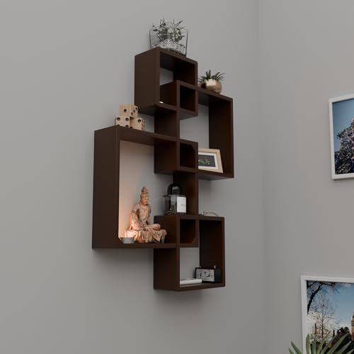 Image of ETIQUETTE ART Engineered Wood Floating Cube Shelves - Intersecting Wall Mounted Box Shelves for Bedrooms, Living Rooms & More - Set of 4 (Brown)