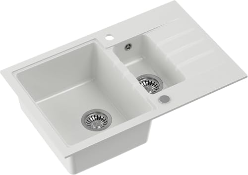 QUADRON Evier double bassin Evier de cuisine | Taille 78 x 50 x 20 cm, Blanc et Acier | PETER 156 Granit Evier en granit | Evier double bassin Cuisine |...