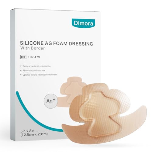 Dimora Silver Silicone Foam Bandage - Antibacterial Wound Dressing,Heel/Elbow/Wrist/Ankle Protectors, Soft Wound Care Pads for Bed Sore,Diabetic Foot,Ulcers,5"x 8" 5 Pack