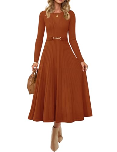ZESICA Womens Fall Long Sleeve Pleated Midi Sweater Dresses Rust S
