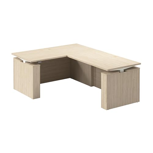 Image of Bush Business Furniture 60-inch Electric Height Adjustable L Shaped Standing Desk, Ergonomic Sit-Stand Computer Table for Office, Stratus Collection, Natural Elm with White Base