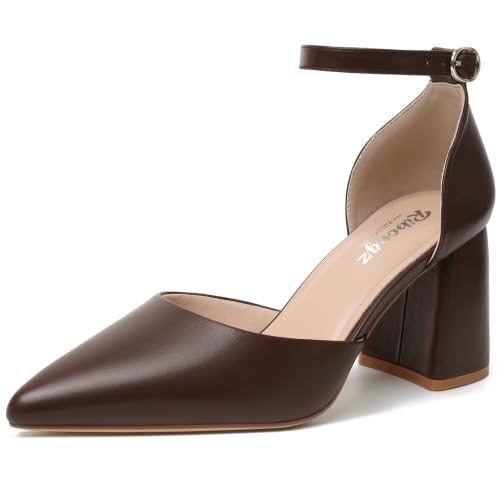 Image of RIBONGZ Block Heels for Women Closed Pointed Toe Heeled Slingback Chunky High Heel Ankle Strap Pumps Patent Leather Comfort Dressy Shoes for Work Party Prom Wedding Bridal Dress